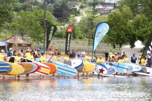 Paddle board racers from all over the world line up to race during the Kalamalka Classic Festival in Coldstream, BC